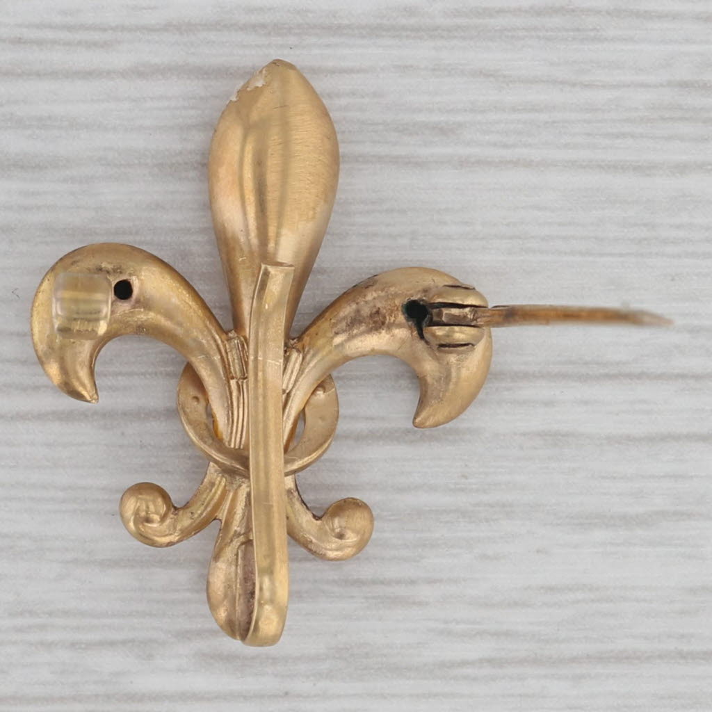 Gray Antique Fleur De Lis Pin 10K Yellow Gold Matte Seed Pearl Brooch