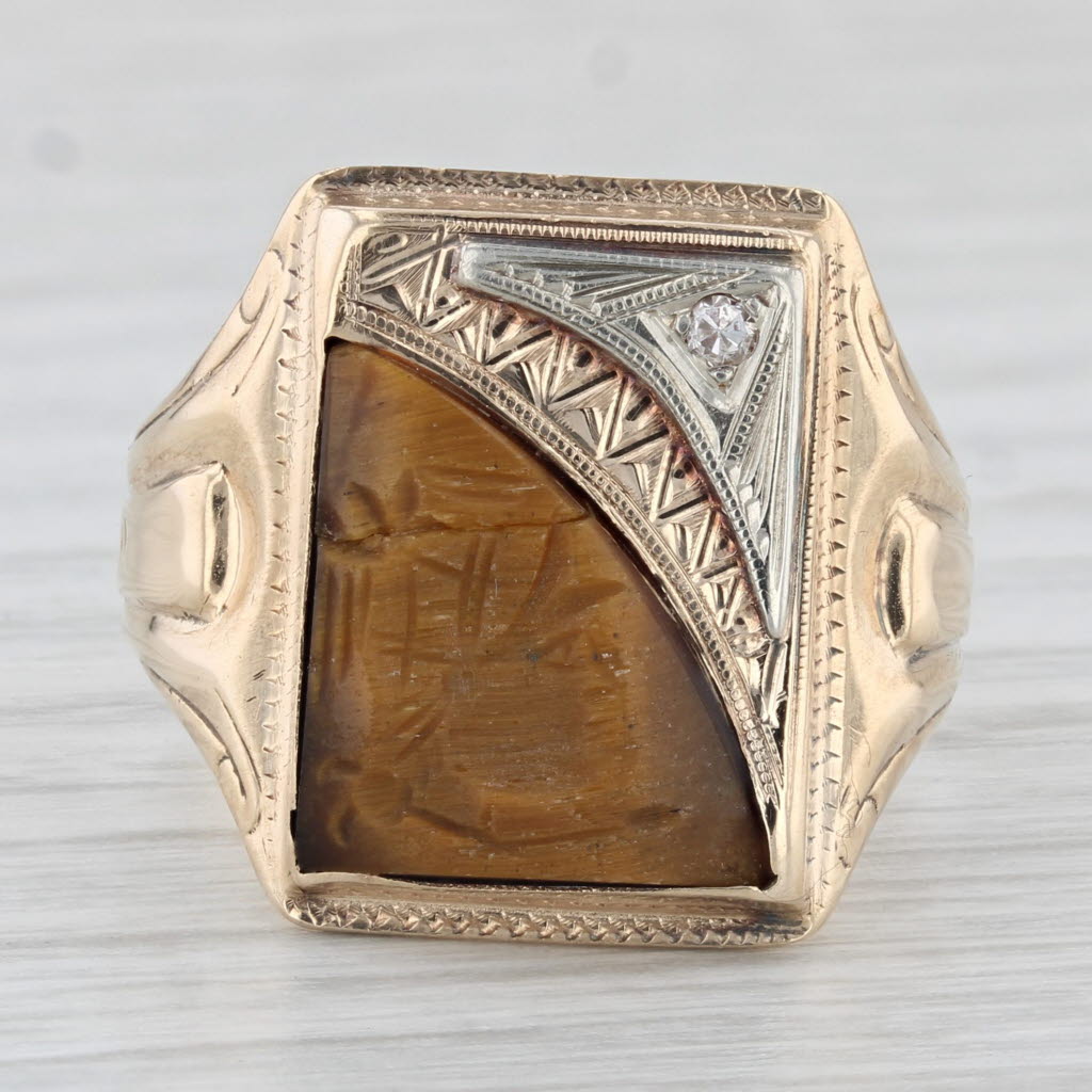 Light Gray Vintage Intaglio Carved Tiger's Eye Ring 10k Gold Diamond Accent Size 9
