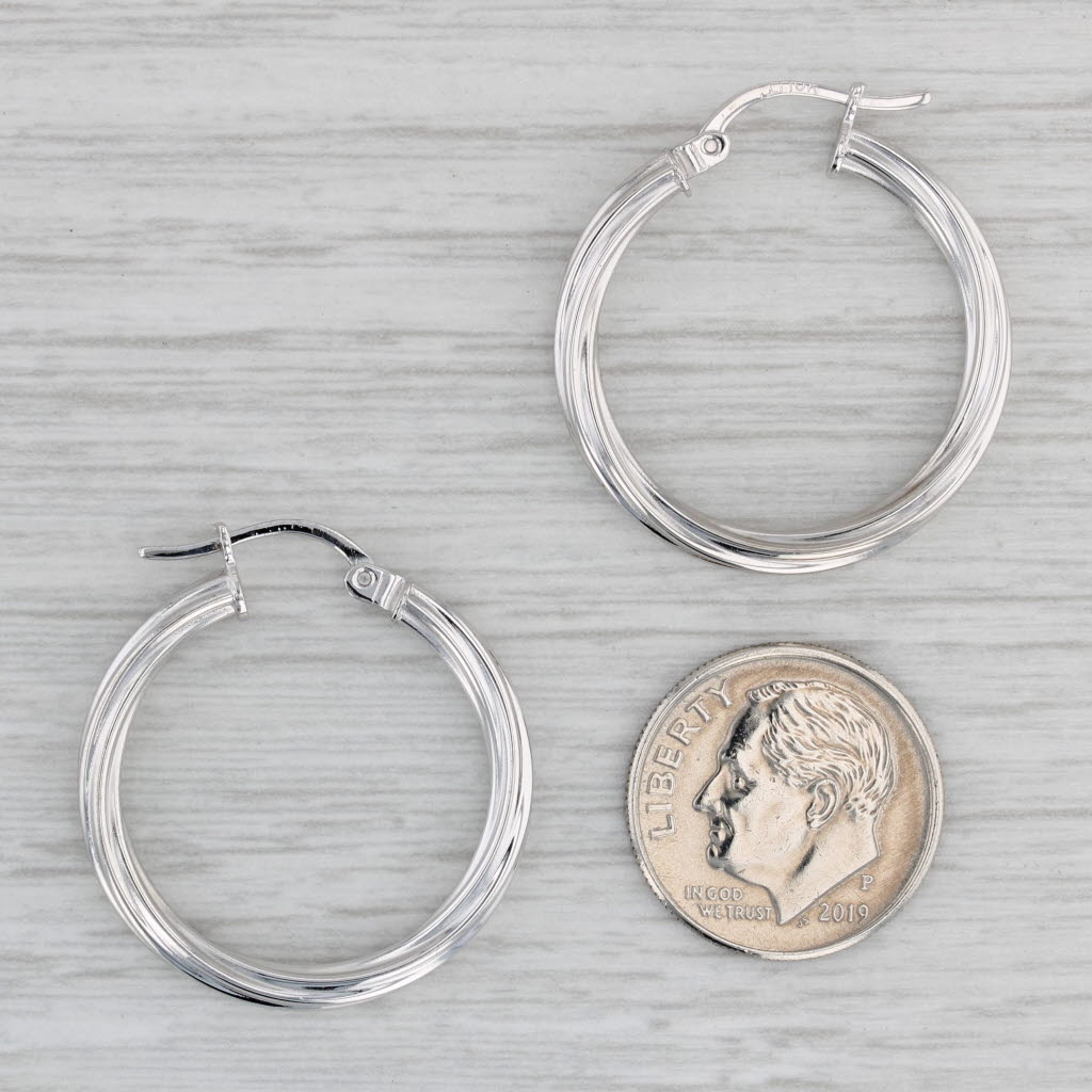 Gray Twist Woven Hoop Earrings 10k White Gold Snap Top Round Hoops