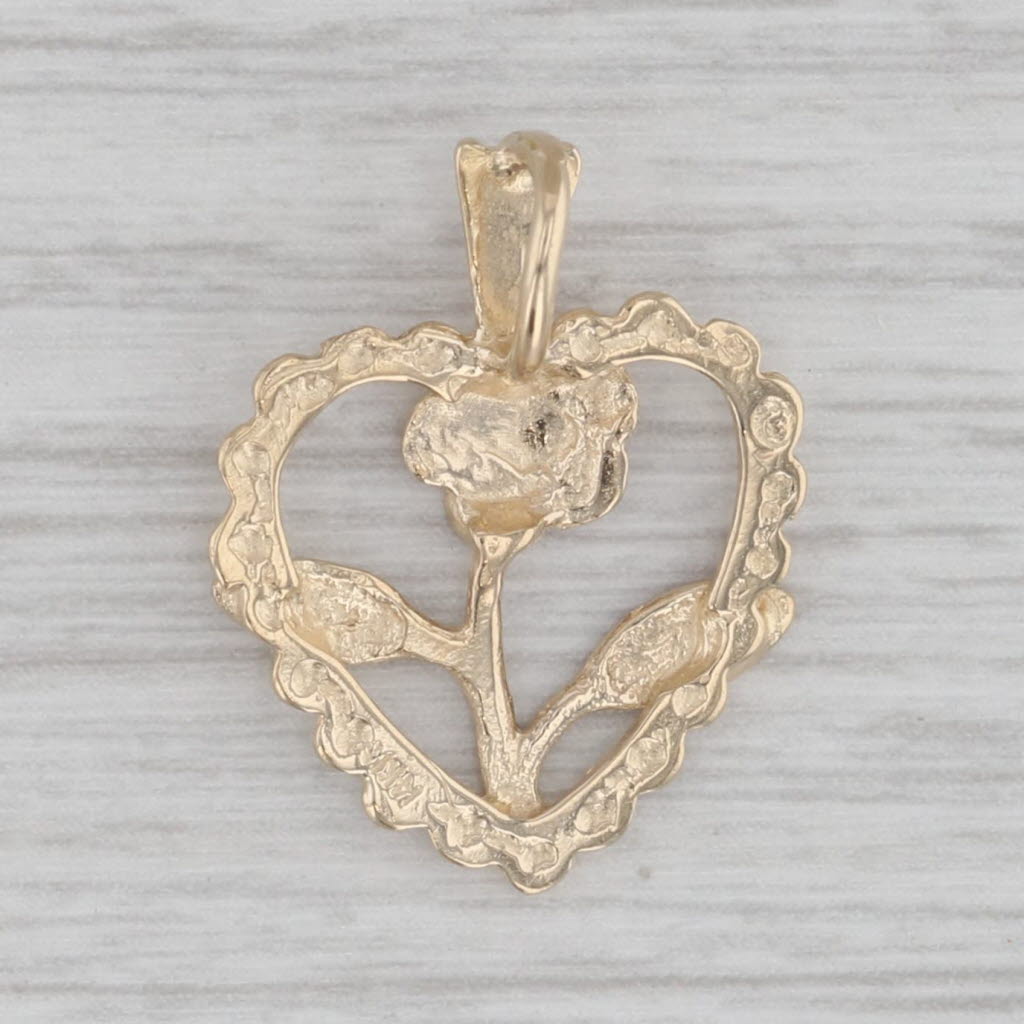 Gray Blooming Rose in Open Heart Pendant 14k Yellow Gold Floral