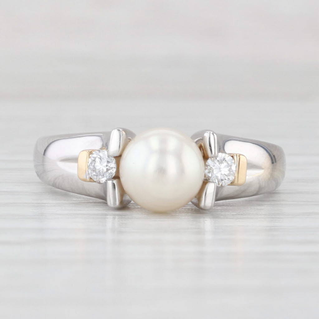 Light Gray Cultured Pearl Diamond Ring 14k White Yellow Gold Size 7.25