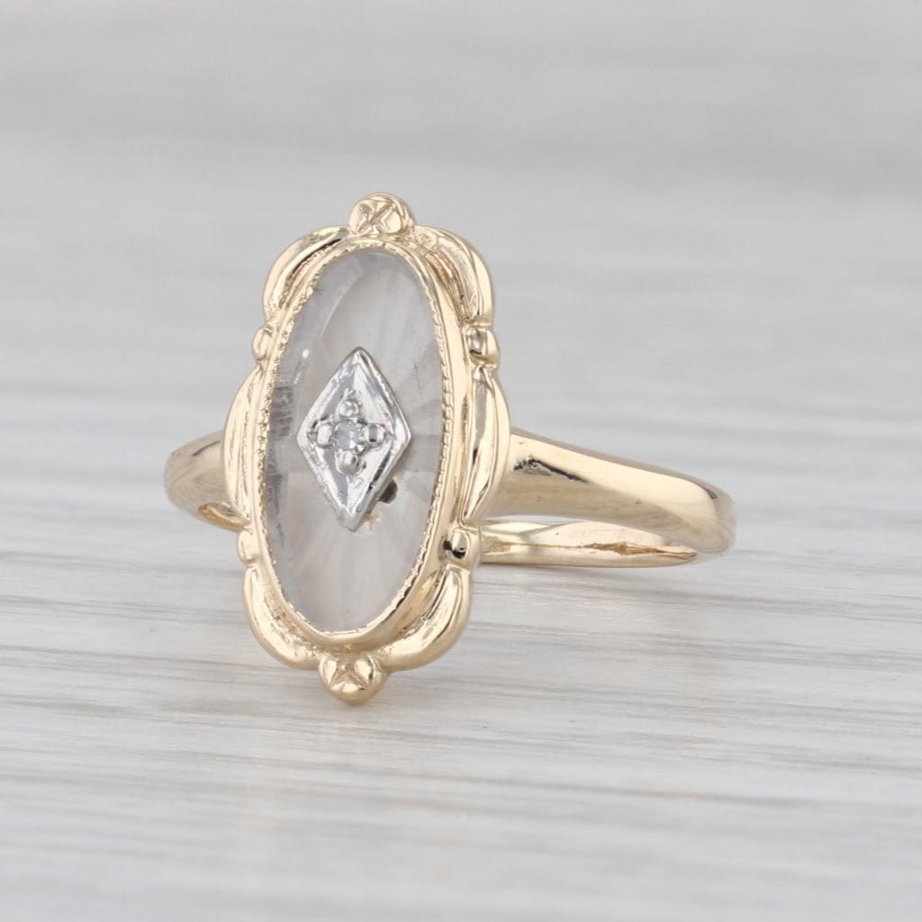 Rayed Quartz Diamond Signet Ring 10k Yellow Gold Size 4 Vintage