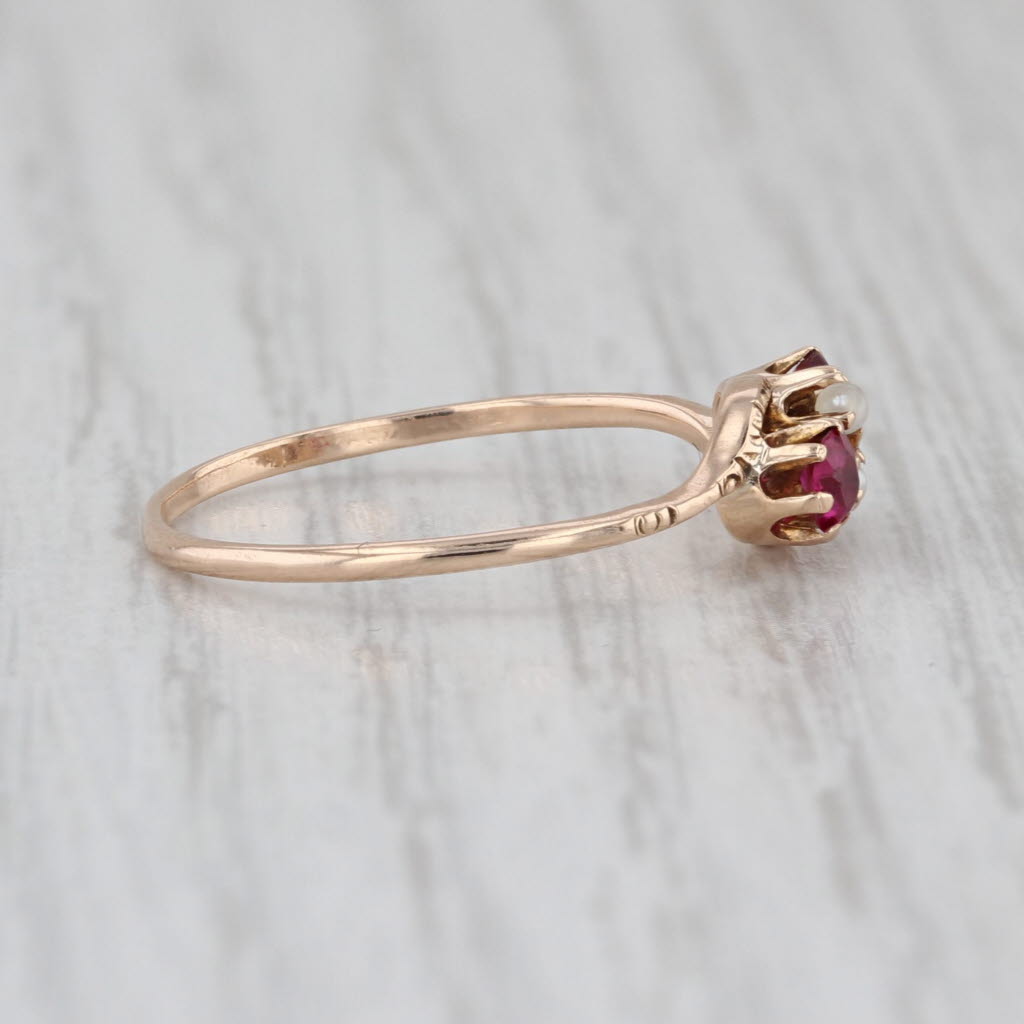 Victorian Garnet Lab Created Ruby Seed Pearl 10k Yellow Gold Size 7.5 Antique