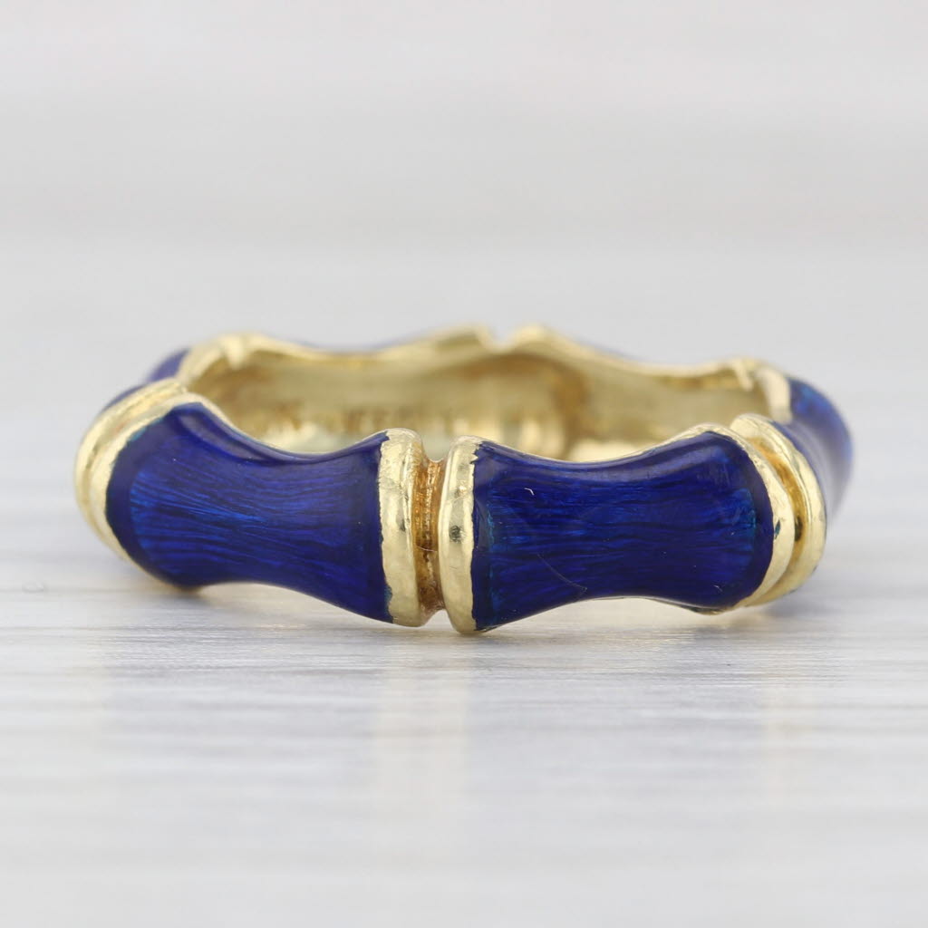 Rare Tiffany & Co Blue Enamel Bamboo Band Stackable Ring 18k Yellow Gold Sz 8.5