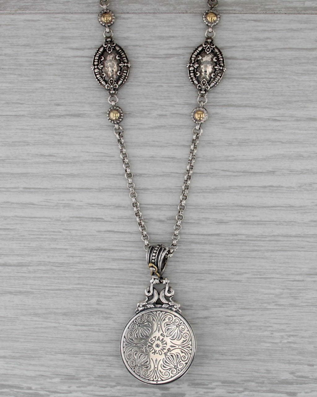 Konstantino Necklace with Pouch Sterling Silver 18k Gold Glass Nugget Greek Key