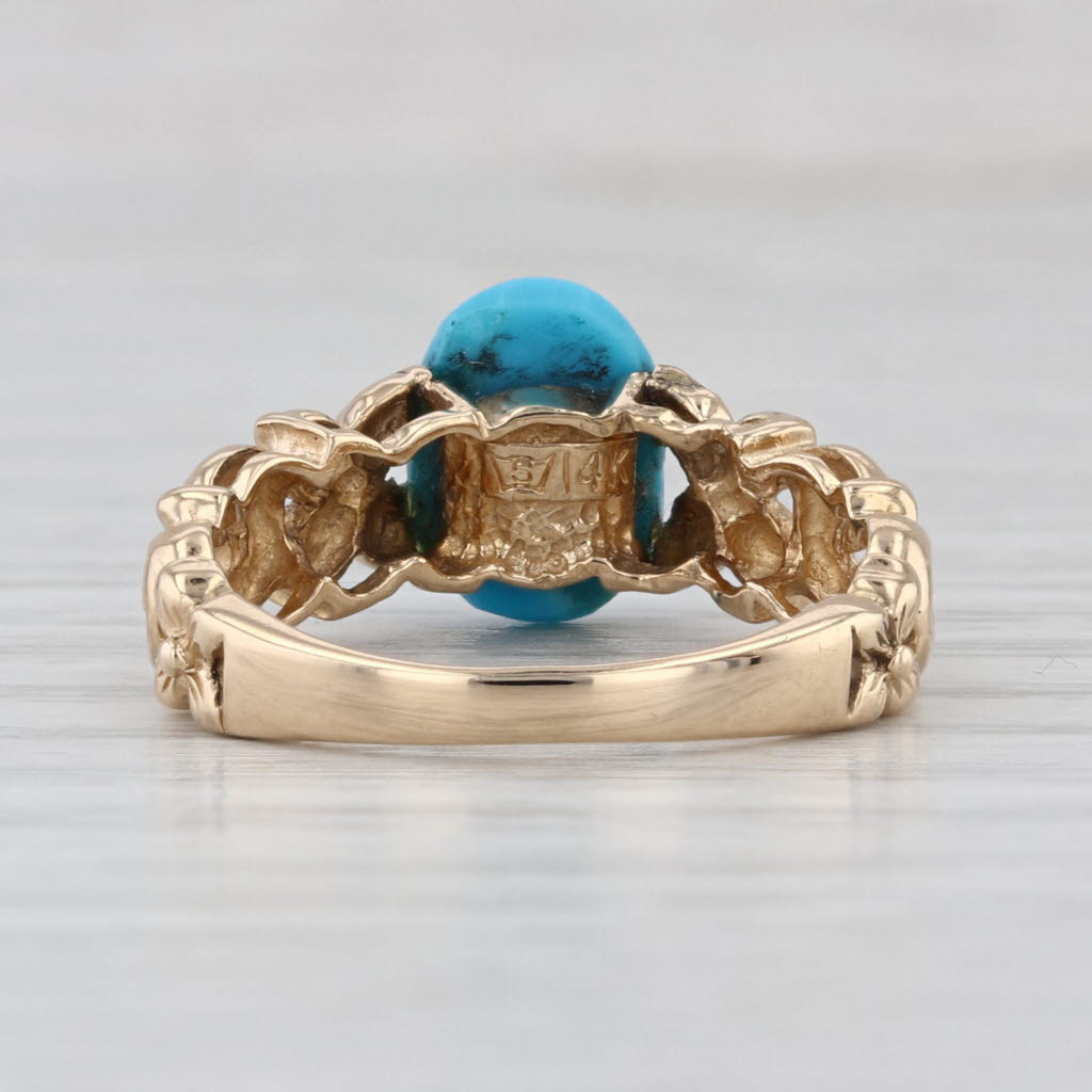 Oval Cabochon Turquoise Ring 14k Yellow Gold Ornate Floral Size 7