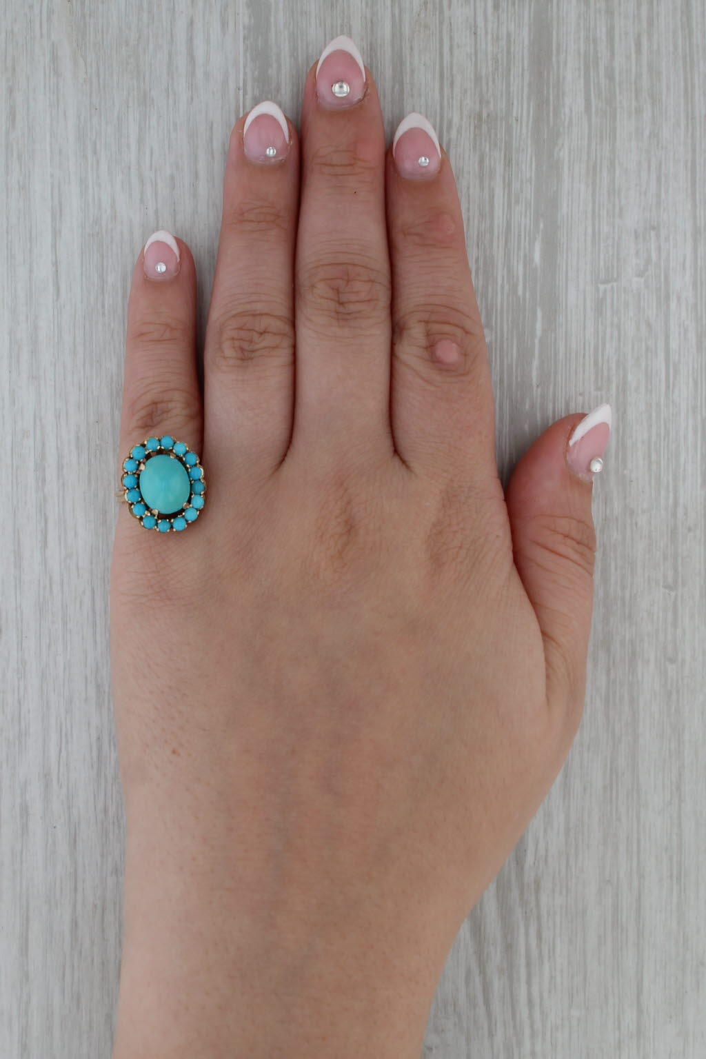 Vintage Turquoise Cabochon Halo Ring 14k Yellow Gold Size 5.5