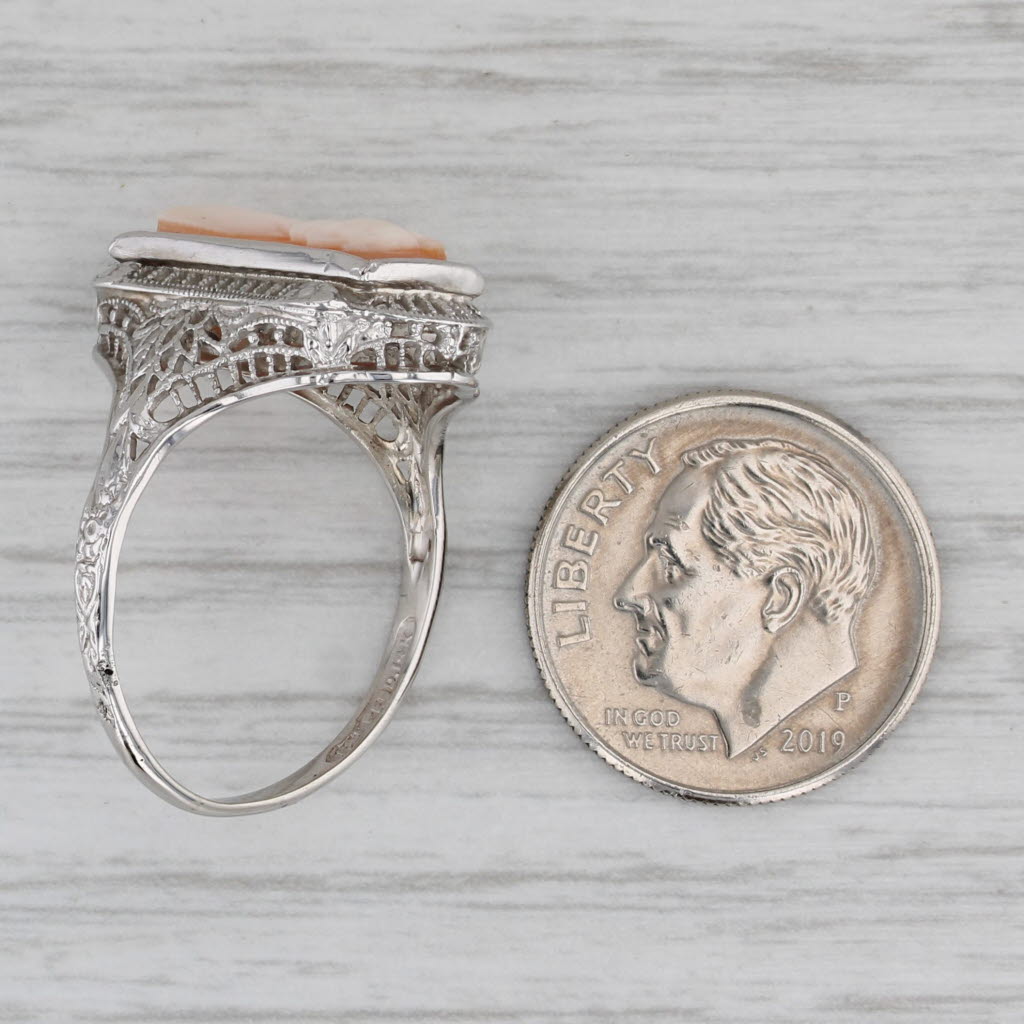 Gray Vintage Cameo Filigree Ring Carved Shell 14k White Gold Size 8.25