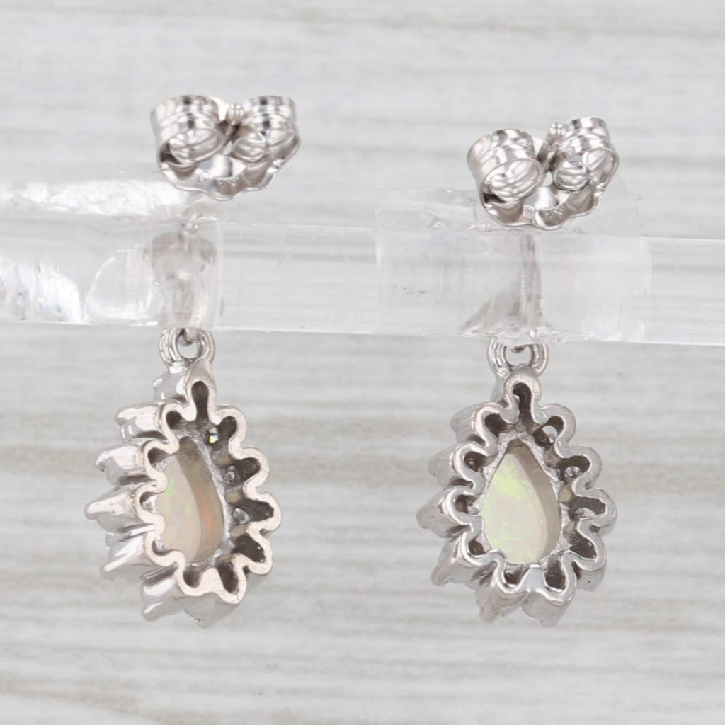 Light Gray Opal Diamond Halo Teardrop Earrings 14k White Gold Pierced Dangles