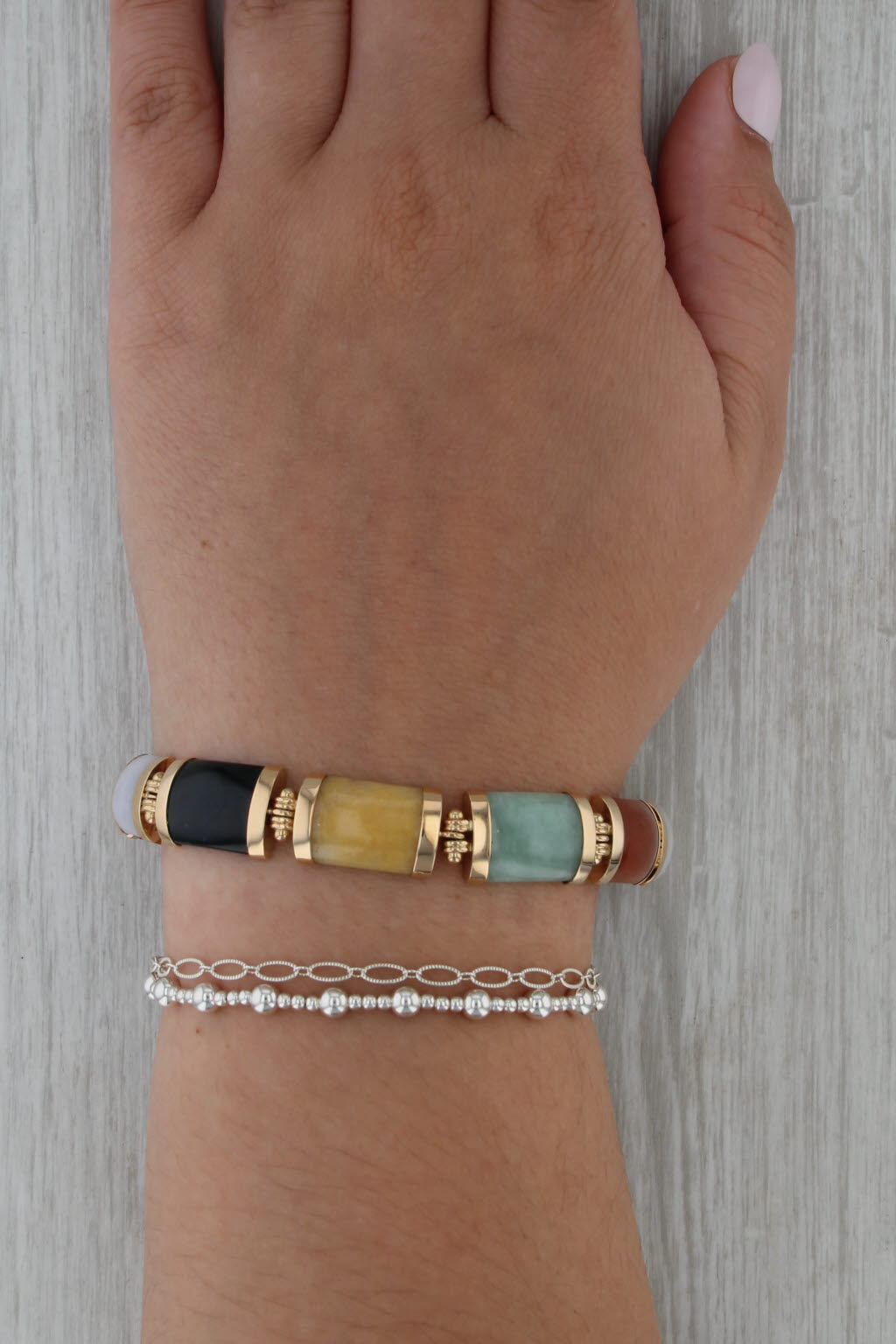 Multicolor Nephrite Jadeite Jade Link Bracelet 14k Yellow Gold 7.75" 11.3mm