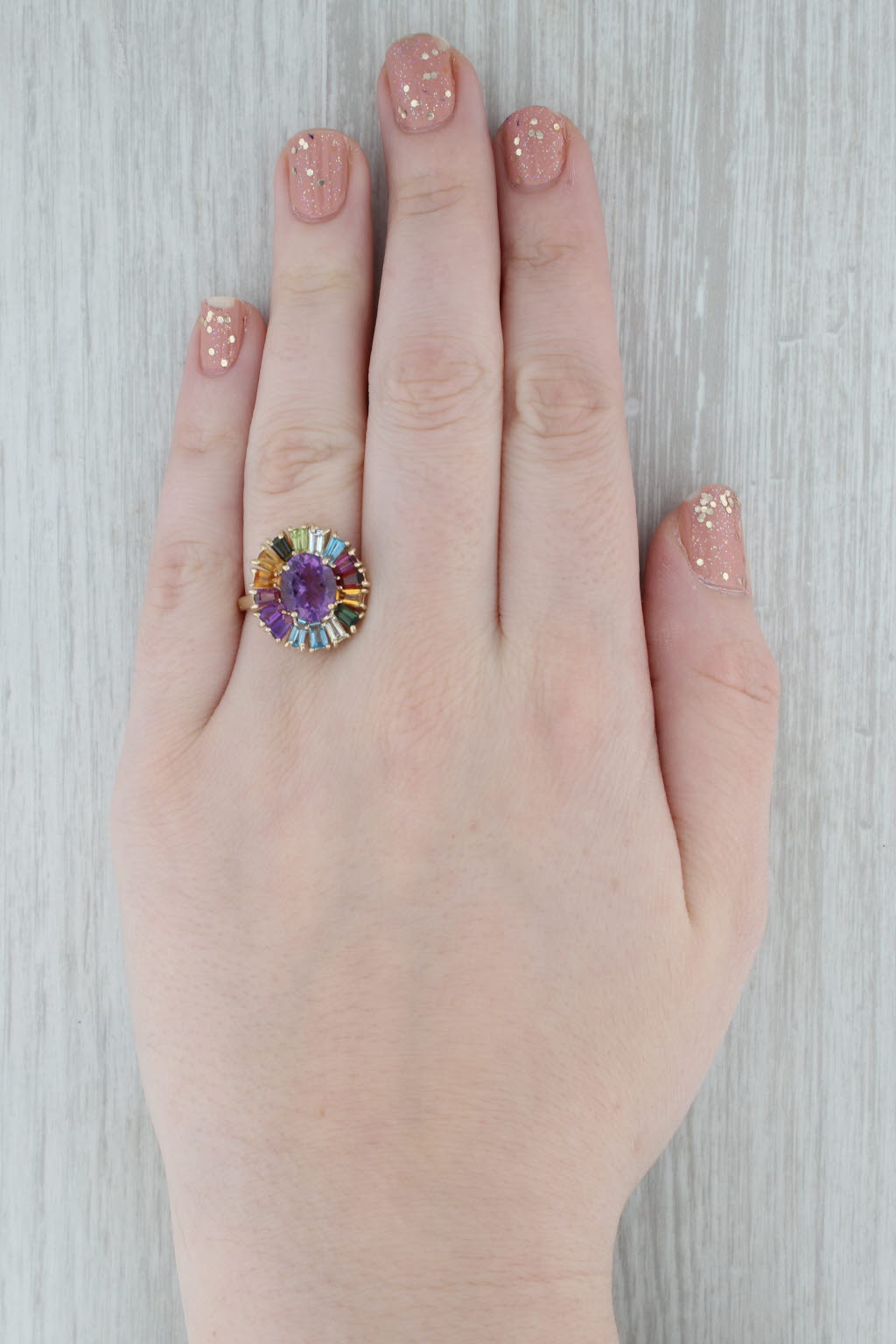 Gray Amethyst Multi Stone Rainbow Halo 10k Yellow Gold Size 8 Ring Cocktail