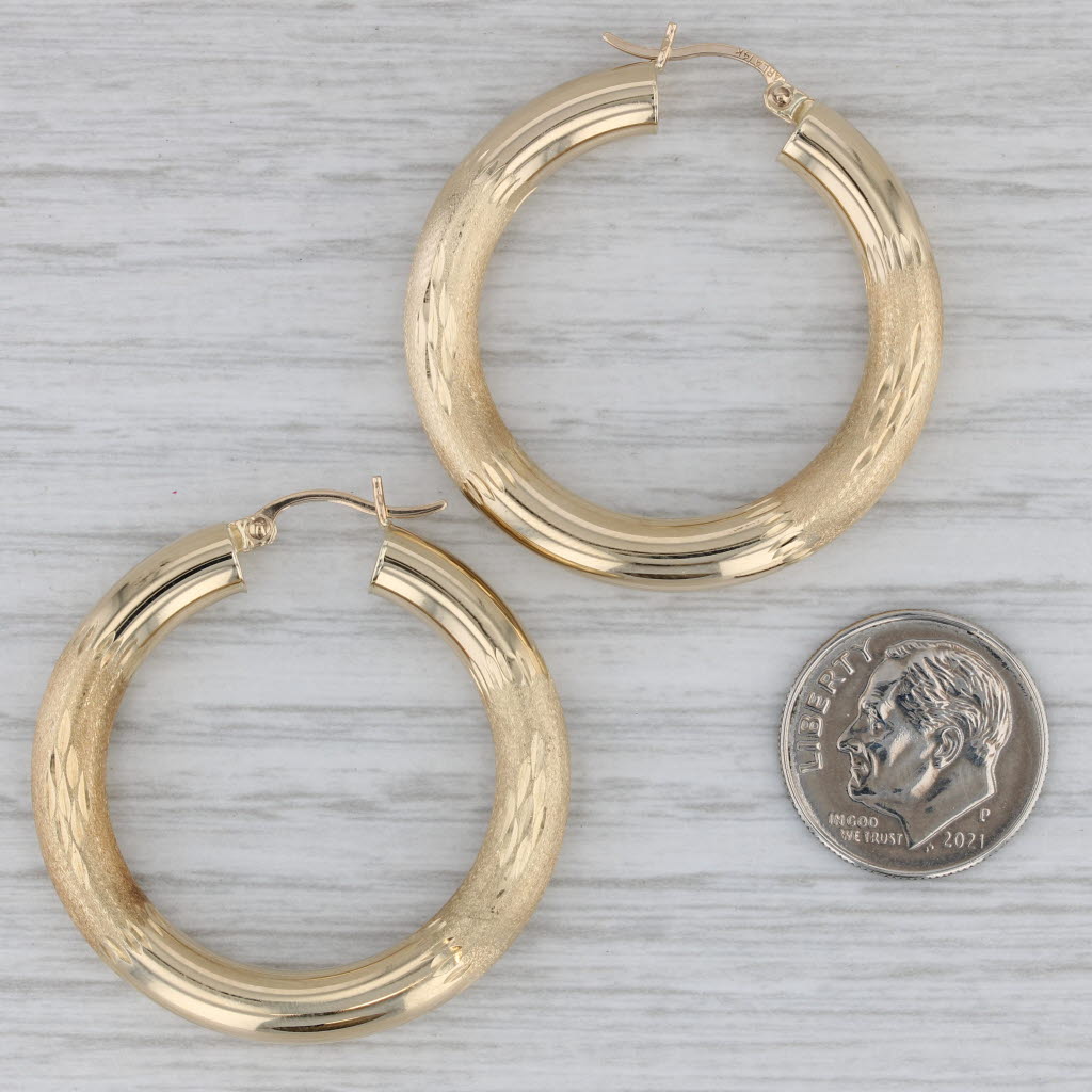 Gray Round Hoop Earrings 14k Yellow Gold Brushed Polished Pierced Round Hoops