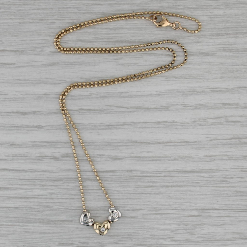 Small Diamond Hearts Pendant Bead Chain Necklace 14k Yellow White Gold 18"