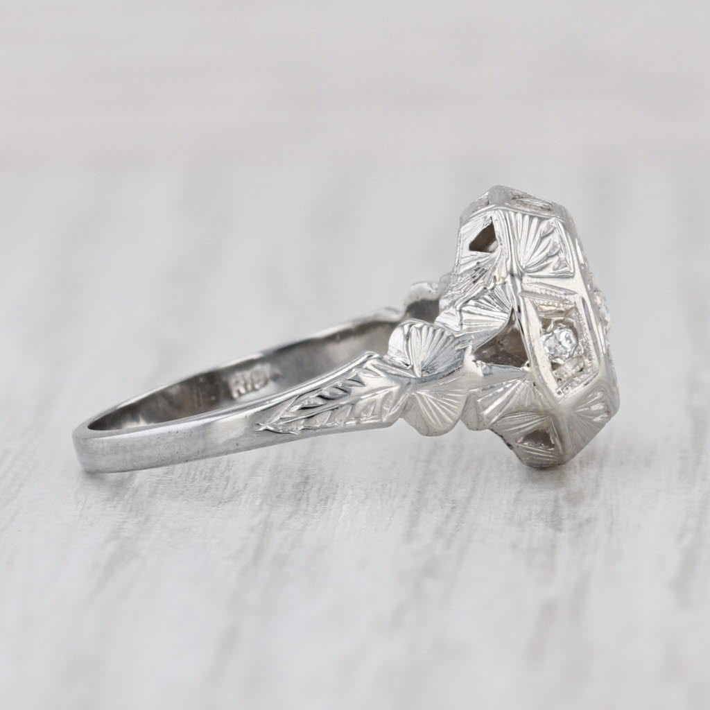 0.18ct Art Deco Diamond Star Ring 18k White Gold Size 7.25 Ornate Hand Finished