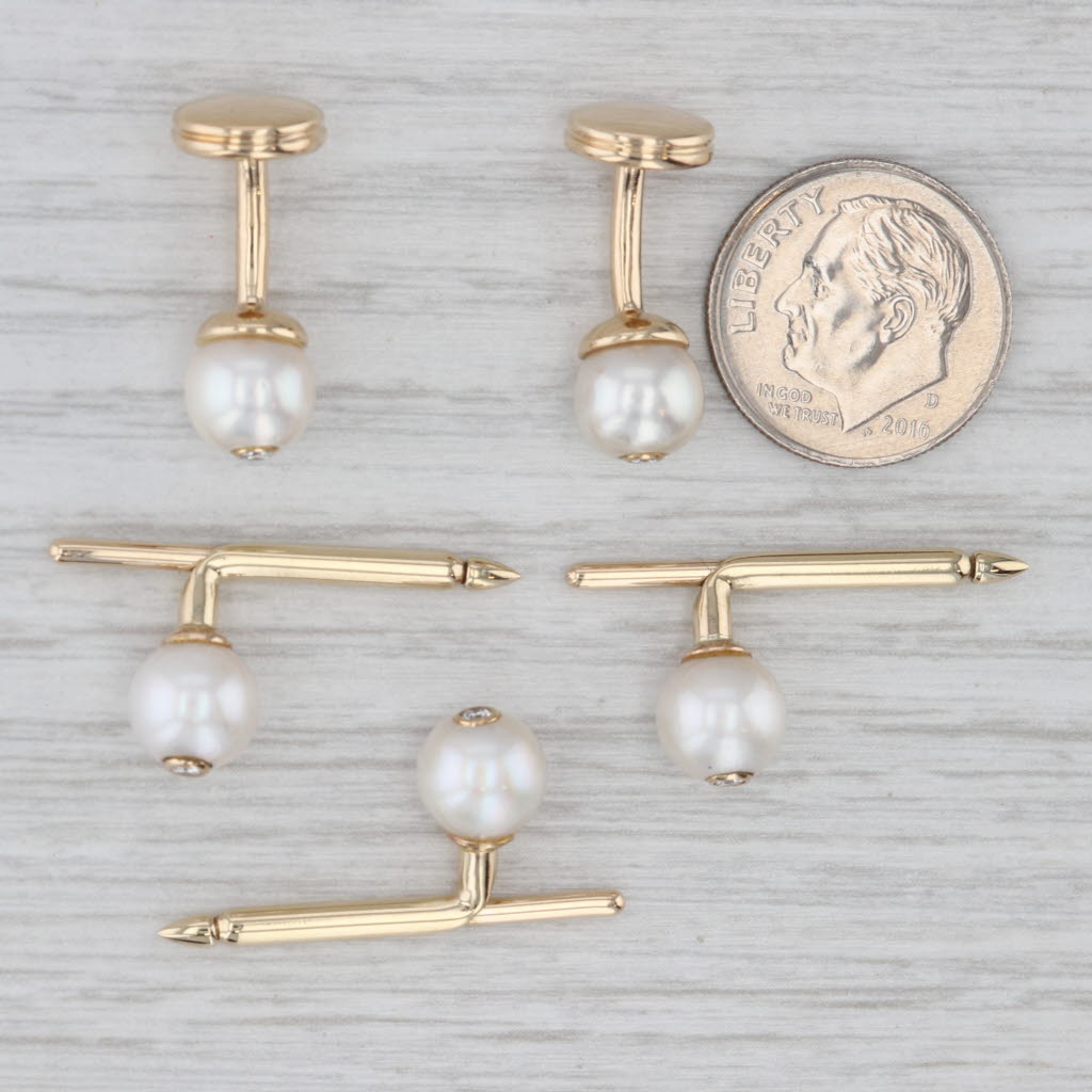 Gray Vintage Cultured Pearl Diamond Shirt Studs 14k Yellow Gold Suit Accessories