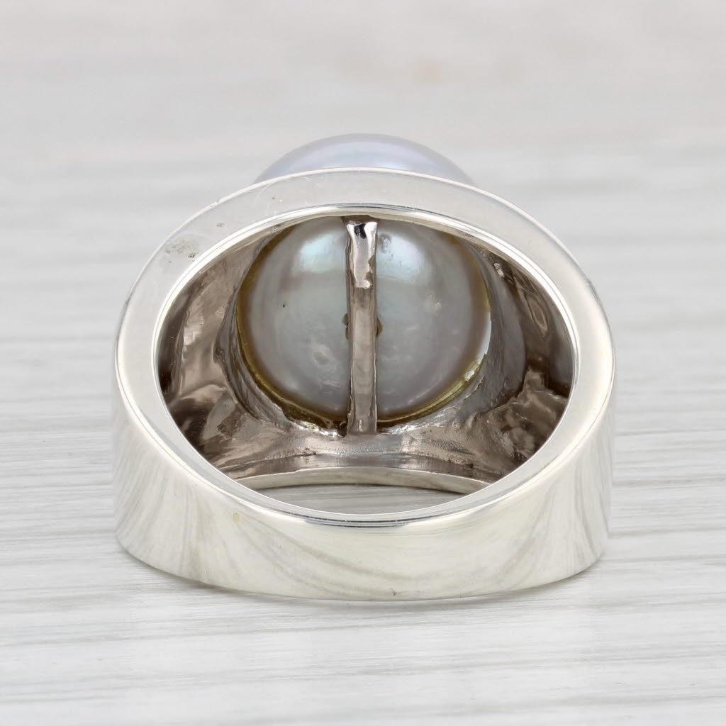 Light Gray Gray Simulated Pearl Ring Sterling Silver Size 6 Round Button Solitaire