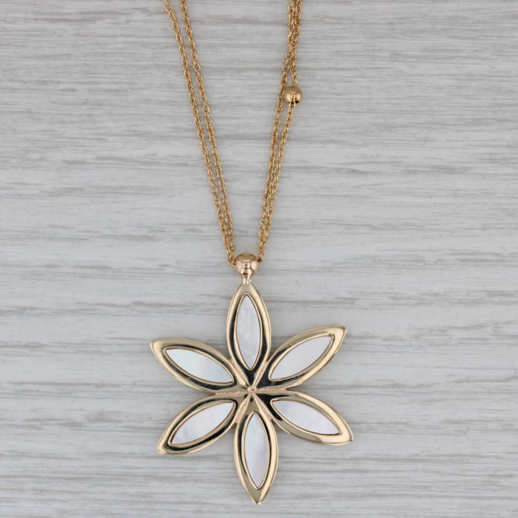 Gray Mother of Pearl Flower Pendant Bead Station Necklace 14k Yellow Gold 16.75"