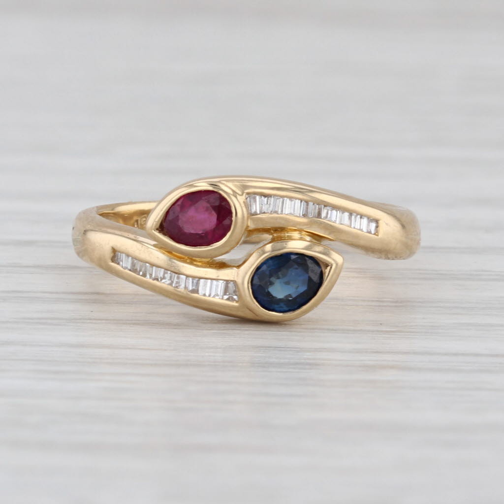 0.61ctw Ruby Blue Sapphire Diamond Bypass Ring 18k Yellow Gold Size 6-6.25