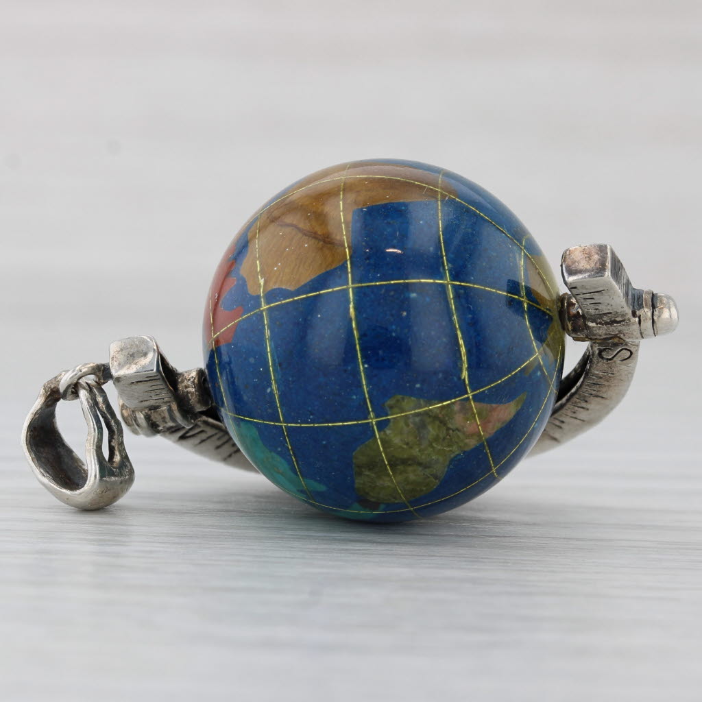 Light Gray Large Globe with Compass Pendant Sterling Silver Multi-stone Mosaic Spins