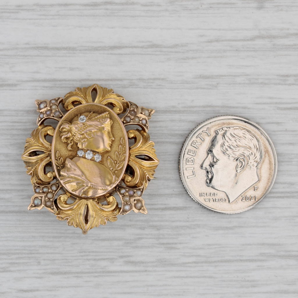 Gray Vintage Cameo Brooch Pendant 14k Yellow Gold Diamond Pearl Floral Pin