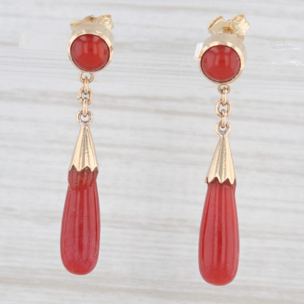 Light Gray Red Coral Drop Earrings 10k Yellow Gold Pierced Dangles