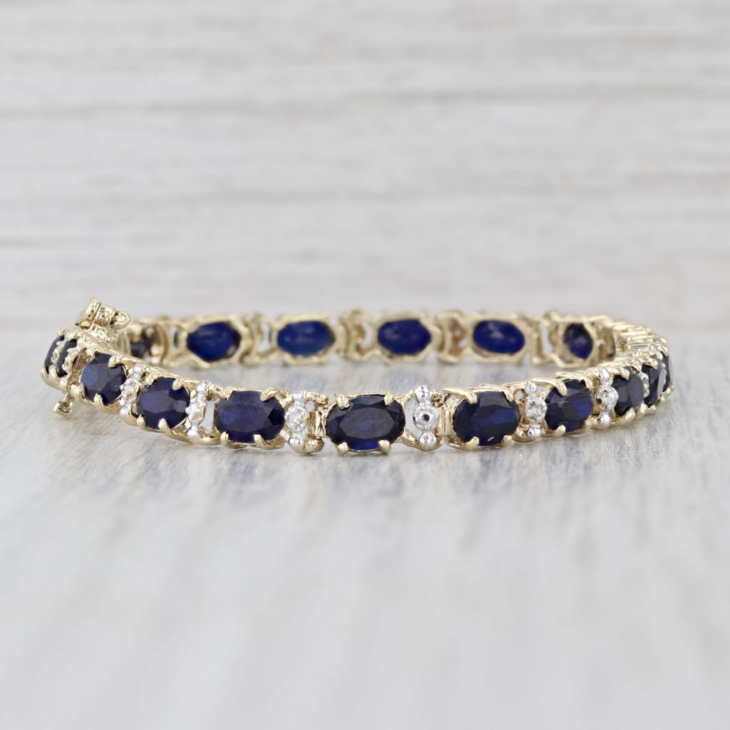 Lab Created Blue Sapphire Diamond Tennis Bracelet 10k Yellow Gold 6.75" 4.8mm