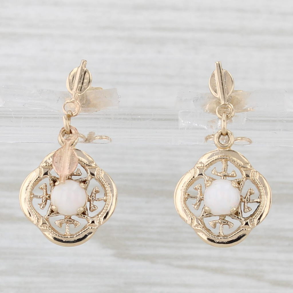 Light Gray Opal Dangle Earrings 14k Yellow Gold Round Cabochon Drops