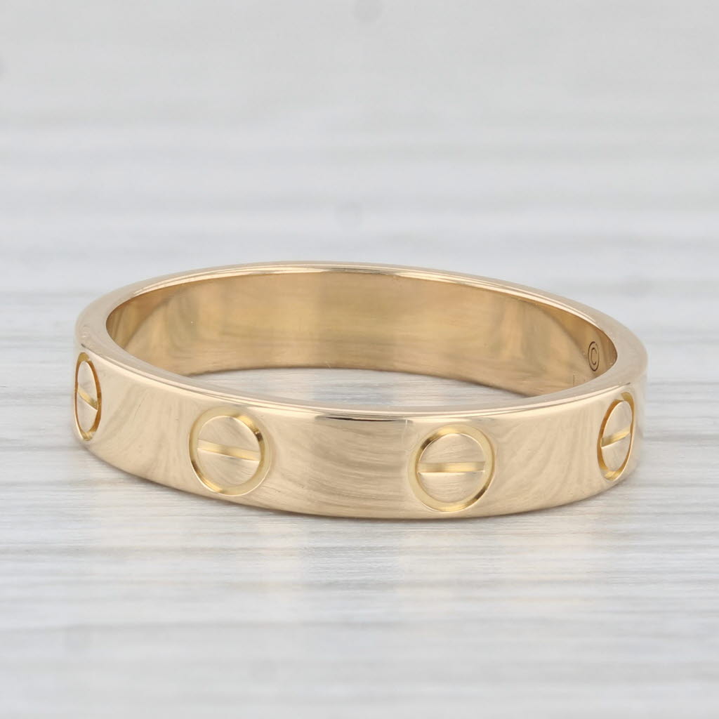Light Gray Cartier Mini Narrow Love Ring 18k Yellow Gold Circles Band Box Papers Size 52 6