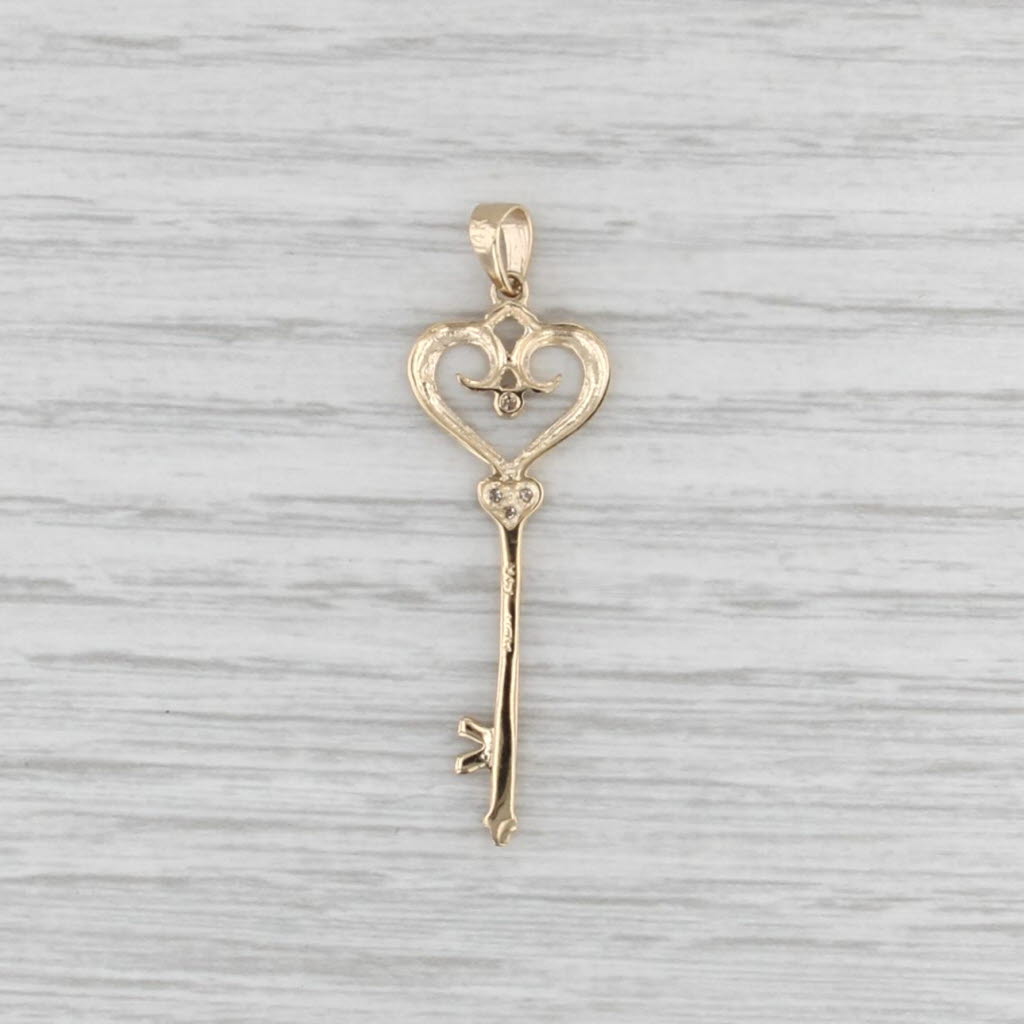 Diamond Accented Heart Skeleton Key Pendant 14k Yellow Gold