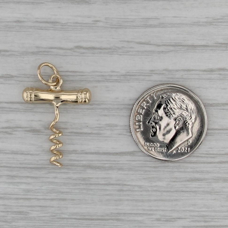 Cork Screw Charm 14k Yellow Gold 3D Pendant