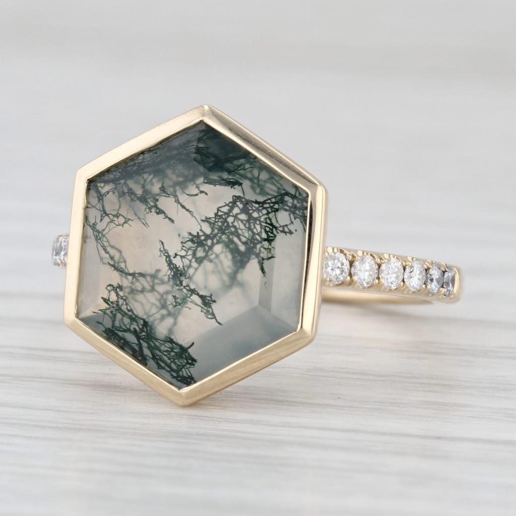 4.94ctw Moss Agate Moissanite Ring 14k Yellow Gold Size 7.75