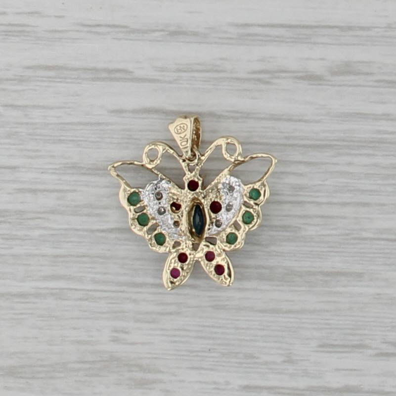 0.78ctw Gemstone Butterfly Pendant 10k Gold Ruby Emerald Sapphire Diamond