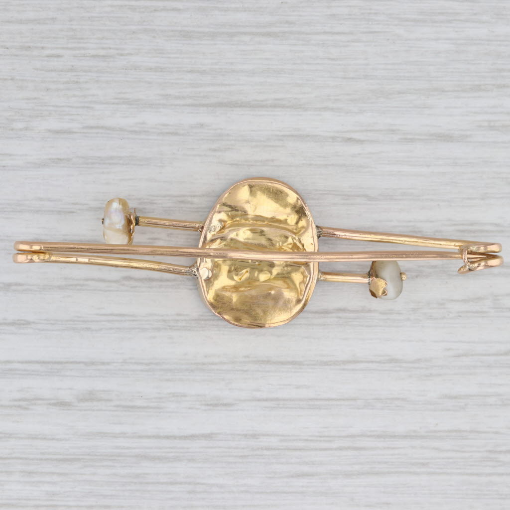 Light Gray Vintage Turquoise Pearl Mother of Pearl Brooch 18k Yellow Gold Pin