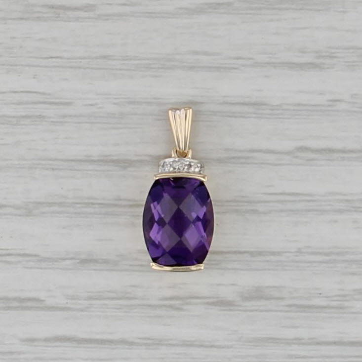 3.25 Cushion Solitaire Amethyst Pendant 14k Yellow Gold Diamond Accents Drop