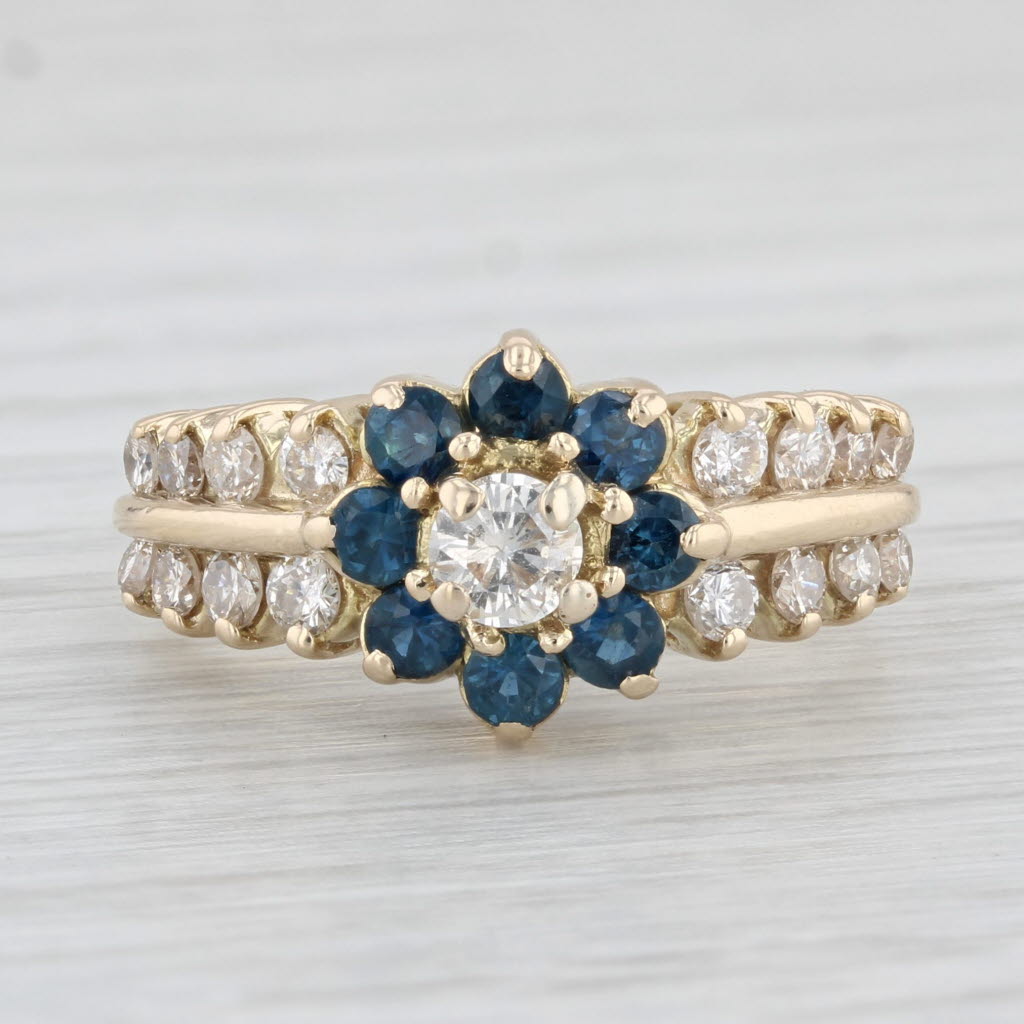 Light Gray 1.37ctw Blue Sapphire Diamond Flower Ring 14k Yellow Gold Size 7.5