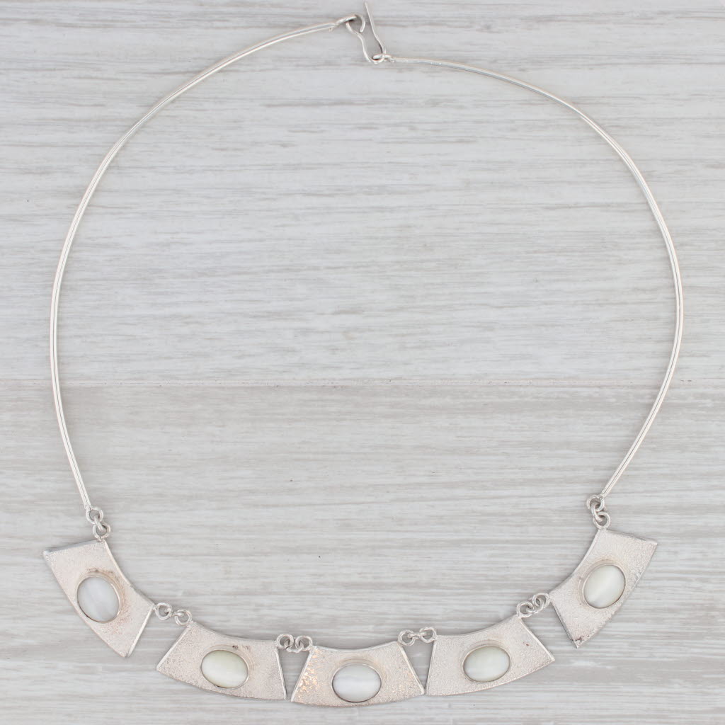 Light Gray White Scapolite Cat's Eye Panels Collar Necklace Sterling Silver 16" Statement