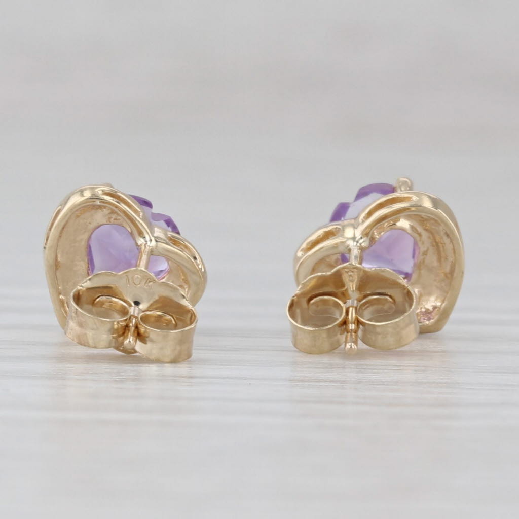 Gray 0.78ctw Amethyst Heart Stud Earrings 10k Yellow Gold Diamond Accents
