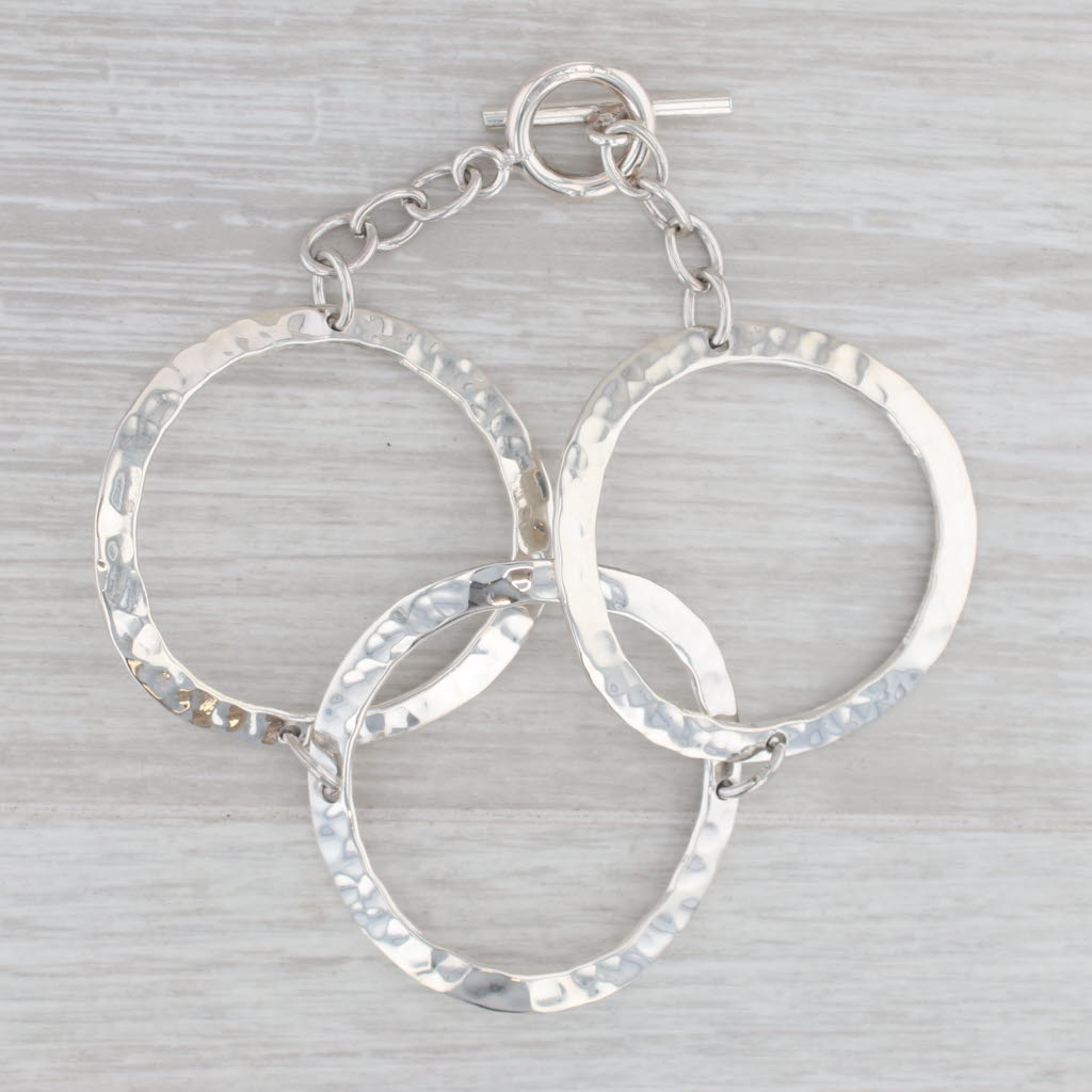 Gray Hammered Large Circle Link Statement Bracelet Sterling Silver 7.25"