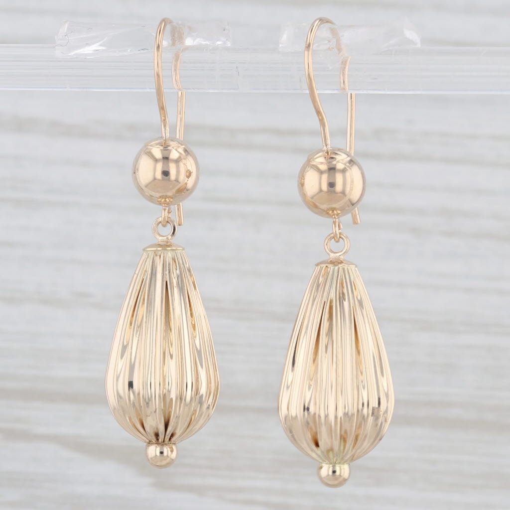 Light Gray Beveled Teardrop Dangle Earrings 14k Yellow Gold Hook Posts