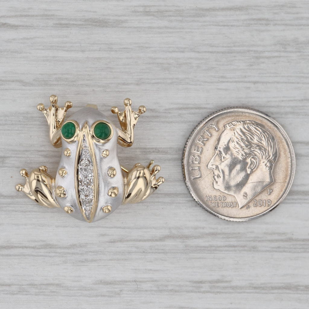 Gray Emerald Cabochon Diamond Frog Brooch Pendant 14k Yellow White Gold Toad Pin