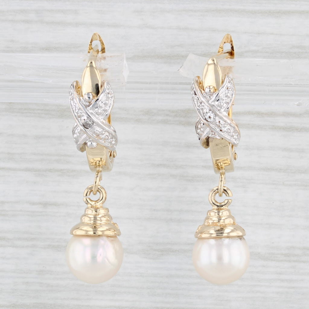 Light Gray Cultured Pearl Diamond Drop Earrings 14k Yellow Gold Snap Top