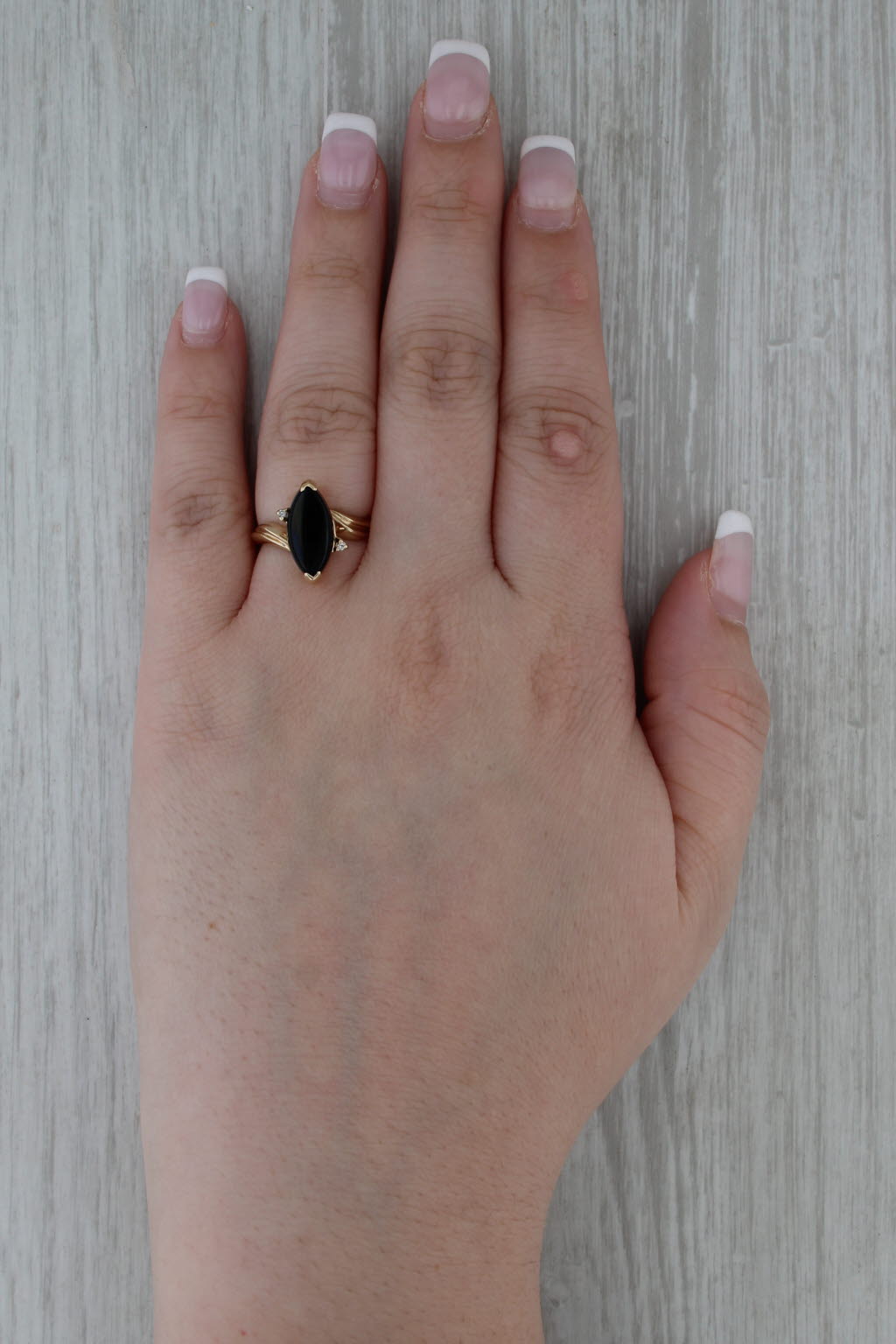 Navette Onyx Diamond Bypass Ring 10k Yellow Gold Size 6.5