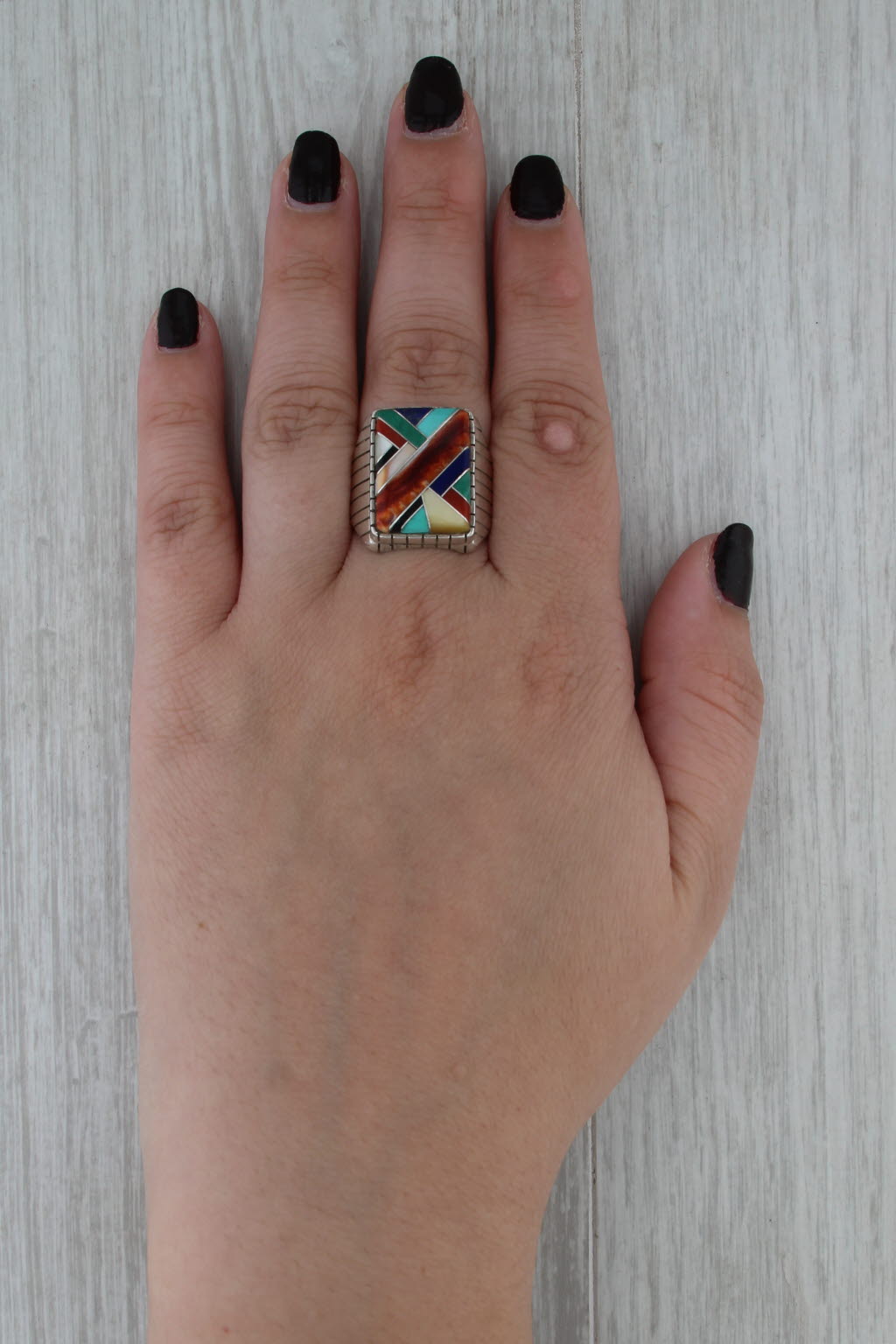 Ray Jack Vintage Navajo Ring Sterling Silver Stone Mosaic Native American