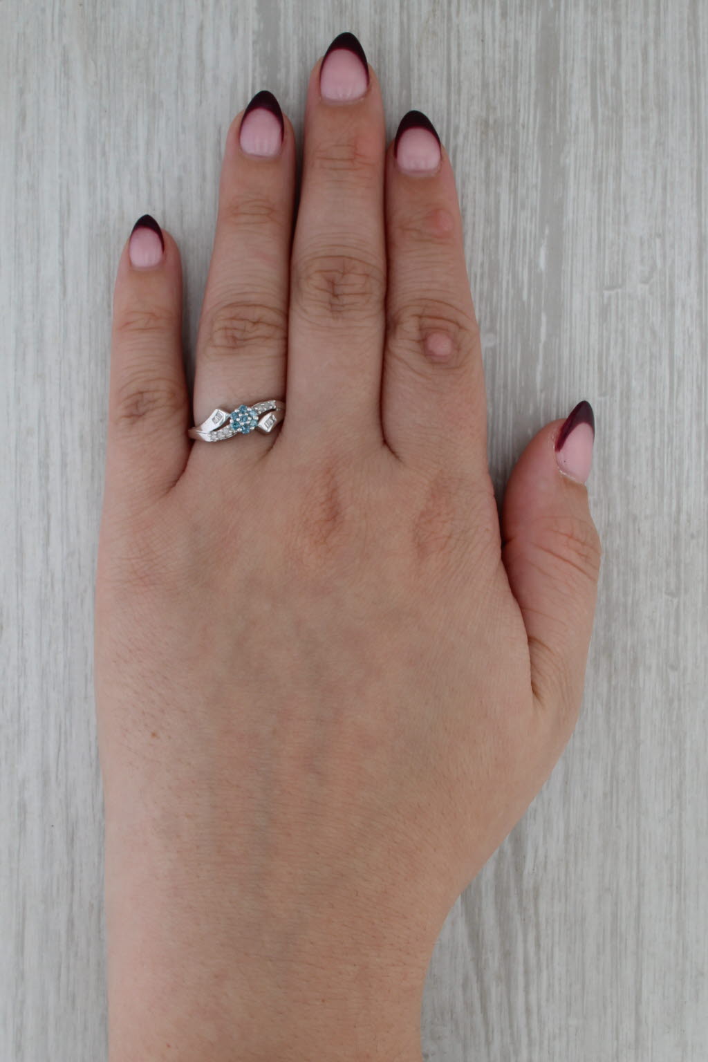 0.18ctw Blue White Diamond Flower Ring 10k White Gold Bypass Size 7