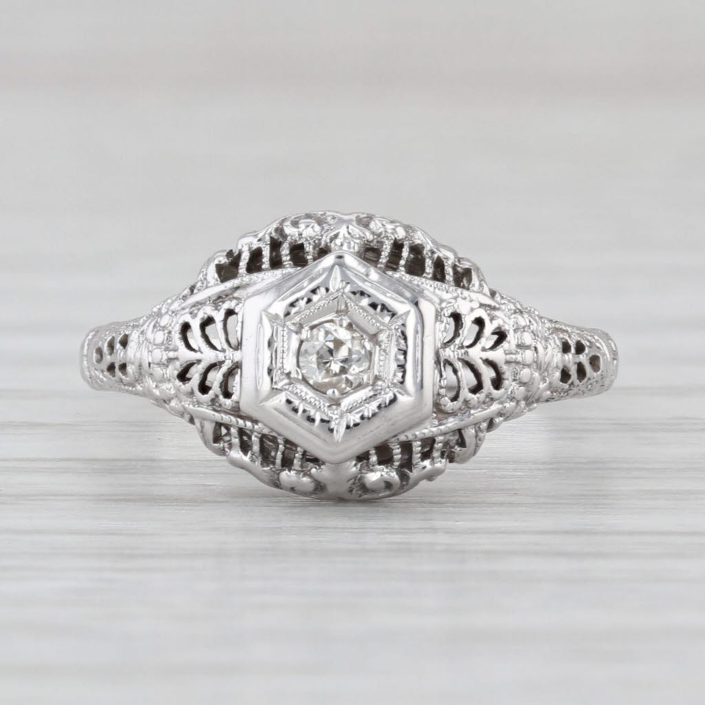 Art Deco Diamond Solitaire Filigree Ring 18k White Gold Size 6.5 Engagement