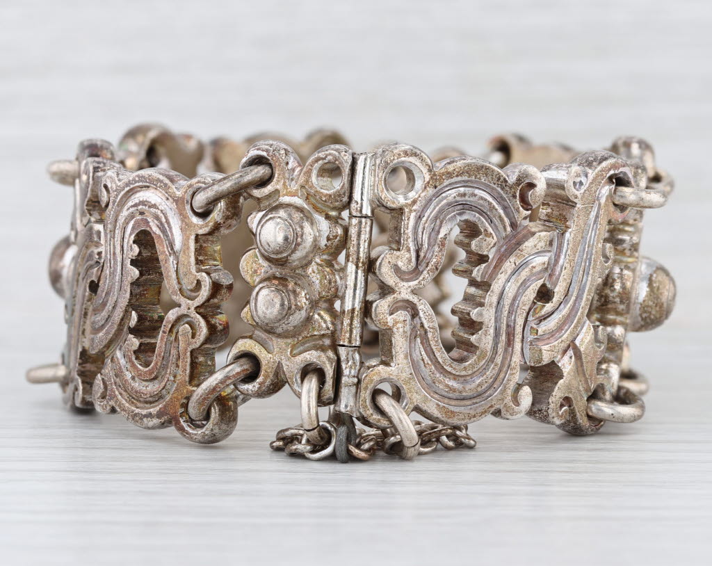 Antonio Pineda Taxco Bracelet 970 Silver Vintage Ornate Statement 7.5" 30mm