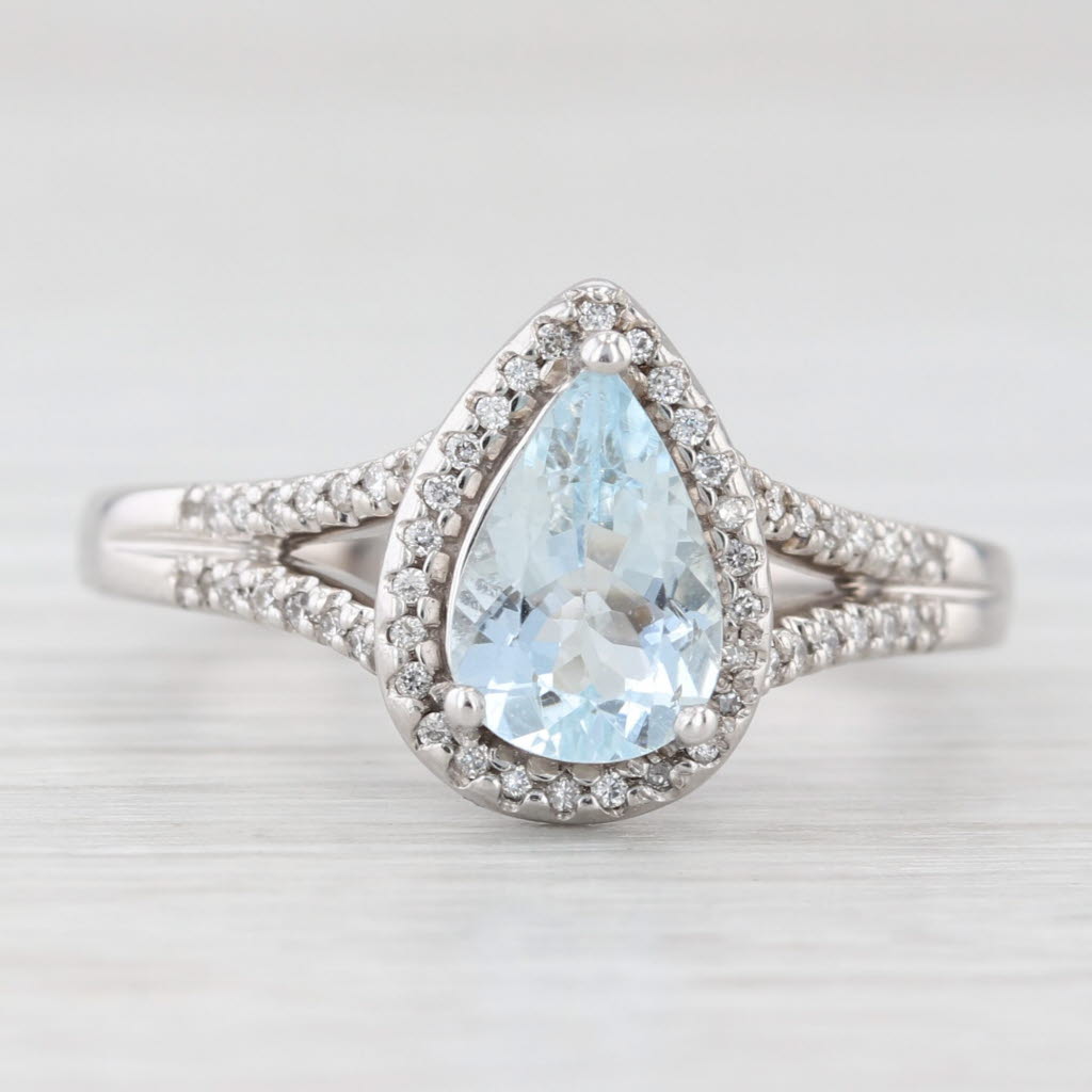 Light Gray 1.19ctw Aquamarine Diamond Halo Teardrop Ring 14k White Gold Size 8.5 Engagement