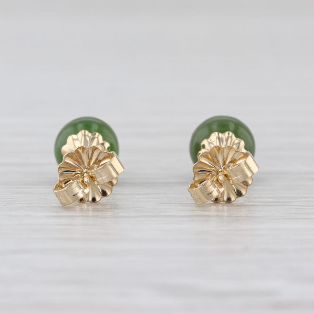 Vintage Green Nephrite Jade Bead Stud Earrings 14k Yellow Gold 6.1mm