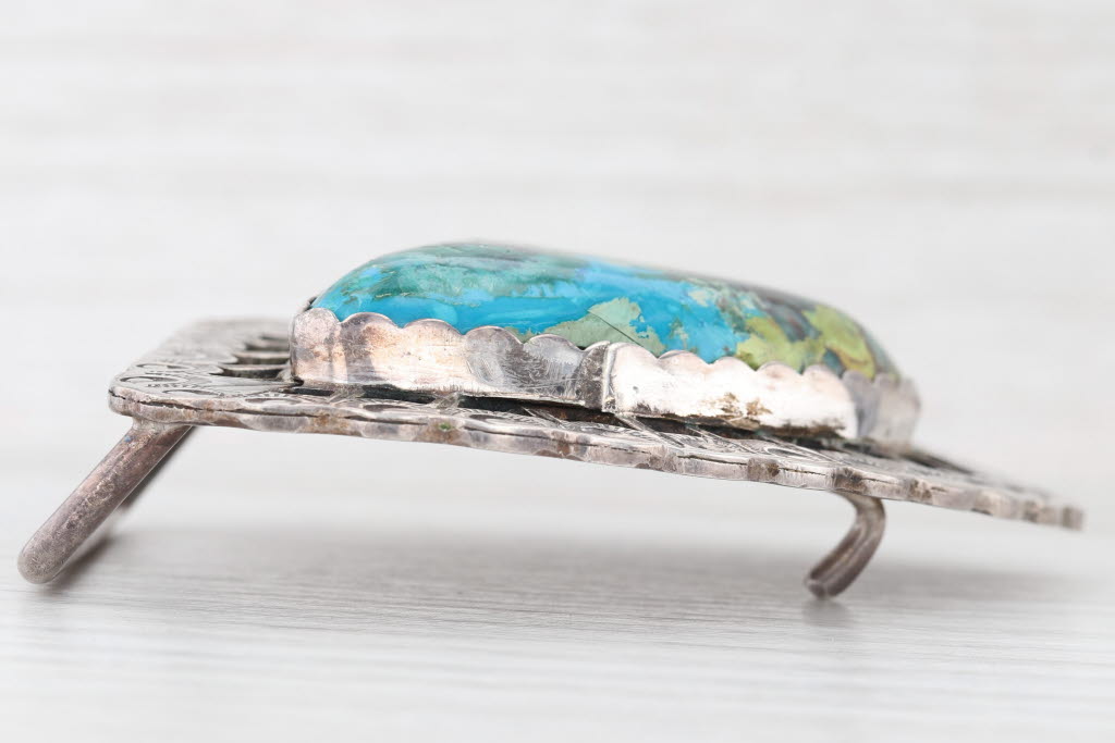 Light Gray Shattuckite Cabochon Belt Buckle Sterling Silver Signed Vintage Native American