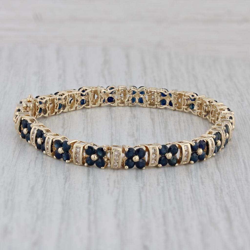 Gray 5.49ctw Blue Sapphire Flower Diamond Tennis Bracelet 14k Yellow Gold 6.75"